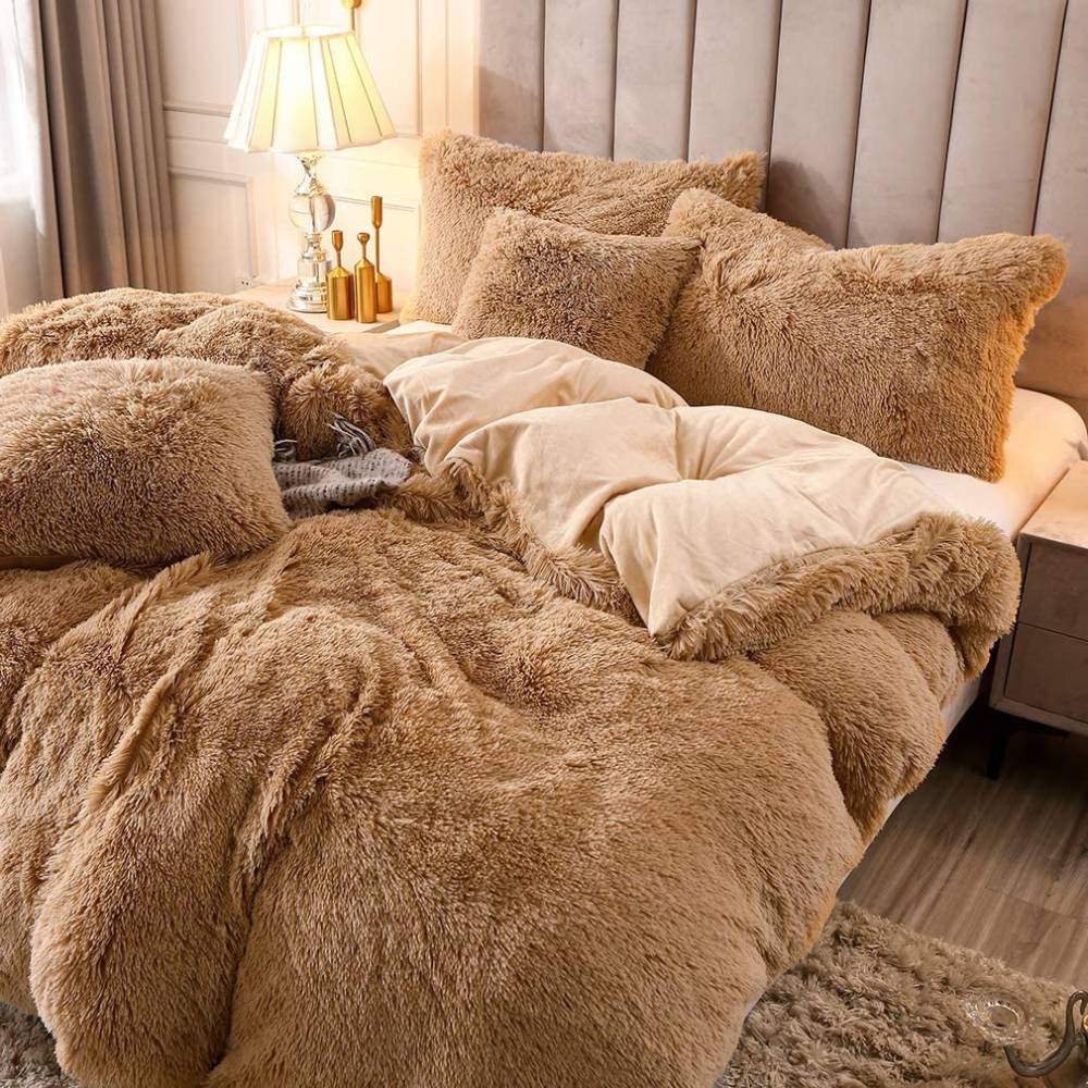 Fake Fur Bedspread, Brown / Queen 4 Piece Set